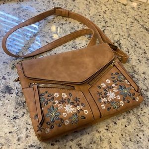 Embroidered faux suede crossbody